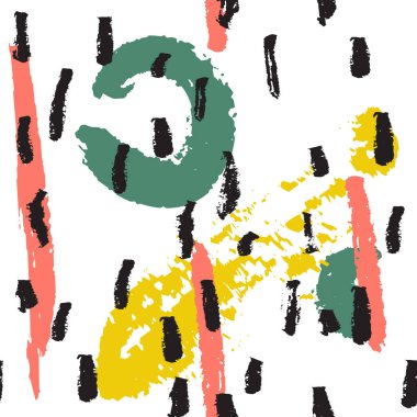 Soyut, dikişsiz geometrik desen. Grunge kentsel geçmişi. Modern yaratıcı tasarım. Memphis tarzında noktalar ve çizgiler. boya darbeleri. 