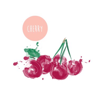 kiraz suluboya çizimi. Mürekkep serpiştirilmiş el yapımı kirazlar. Taze meyve.. 