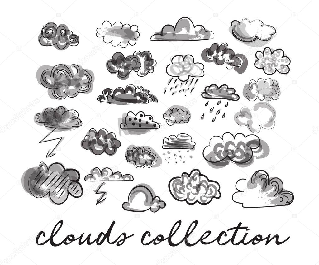vector clouds doodle collection. weather forecast elements. hand drawn cartoon clouds in watercolor. 