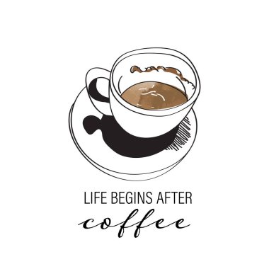 Kahve fincanı vektör el çizimi. Düz beyaz latte eskizi. El çizimi kafe suluboya çizimi.