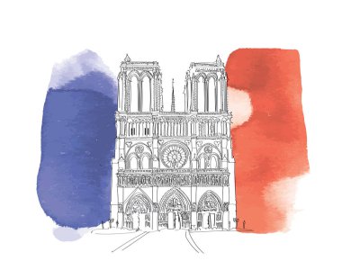 Notre Madame de Paris suluboya kalem skeci. El çizimi notre dame katedral vektör çizimi. Fransa 'nın sembolü olarak değil. Bayrak arkaplanlı Fransızca sembol.