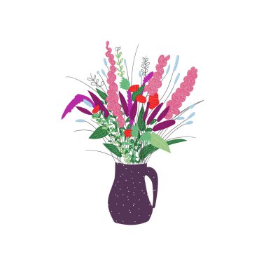 Vazoda bir buket çiçek var. El çizimi yaz çiçekleri