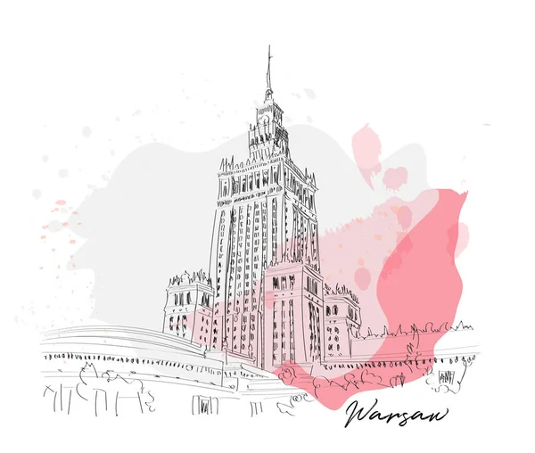 Warsaw Illustration Palace Culture Science Hand Drawn Poland Sketch — Stock Vector