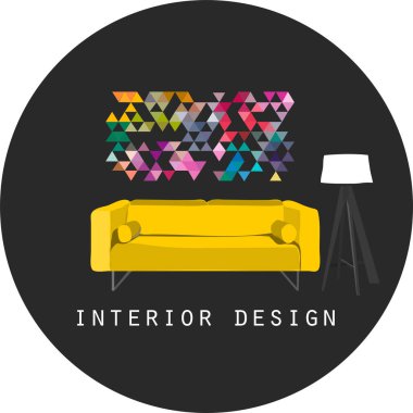 vektör iç tasarım çizimi. Ev dekorasyonu dekorasyonu. Mobilya oturma odası salonu. Koltuk koltuğu sehpası, lamba yastığı, bitki vazosu. Modern çağdaş tasarımcı stili. eğilim. 