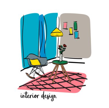vektör iç tasarım çizimi. Mobilya koleksiyonu. İç tasarımın ruh hali kurulu. malzeme örnekleri. Ev dekoru. oturma odası tasarımı.
