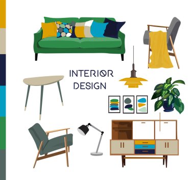 vektör orta yüzyıl modern illüstrasyon. Elementler toplandı. 1960 'ların evi. İç tasarım simgeleri. Danimarka stili. 