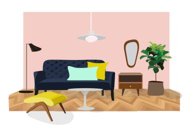 vektör iç tasarım çizimi. Ev dekorasyonu dekorasyonu. Mobilya oturma odası salonu. Koltuk koltuğu sehpası, lamba yastığı, bitki vazosu. Modern çağdaş tasarımcı stili. eğilim. 