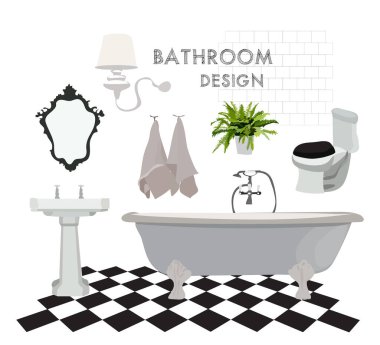 vektör iç tasarım çizimi. Tuvalet unsurları. Banyo lavabosu aynalı havlular. döşeme döşemeleri. 