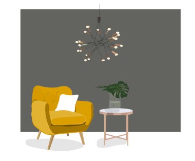vektör iç tasarım çizimi. Modern trend tarzı. Tasarım trendleri. oturma odası mobilyası. 