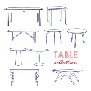 Farklı stil ve renklerde kahve masaları. Danimarkalı, modern, eski, eski, ahşap. Gerçekçi bir bakış. Güzel bir el çizimi. İç tasarım ve ev dekorasyonu.