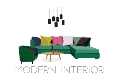 vektör iç tasarım çizimi. Ev dekorasyonu dekorasyonu. Mobilya oturma odası salonu. Koltuk koltuğu sehpası, lamba yastığı, bitki vazosu. Modern çağdaş tasarımcı stili. eğilim. 