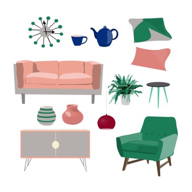 Mobilya koleksiyonu. Modern moda tarzında iç tasarım elementleri. Ev dekorasyon elementlerinin vektör çizimi. Danimarka İskandinav tarzı iç mekanlar. 