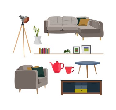 Mobilya koleksiyonu. Modern moda tarzında iç tasarım elementleri. Ev dekorasyon elementlerinin vektör çizimi. Danimarka İskandinav tarzı iç mekanlar. 