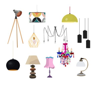 Vektör aydınlatma çizimi. zemin lambası, masa lambası, kolye, iç tasarım