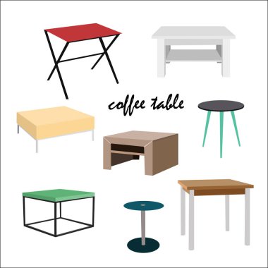 Farklı stil ve renklerde kahve masaları. Danimarkalı, modern, eski, eski, ahşap. Gerçekçi bir bakış. Güzel bir el çizimi. İç tasarım ve ev dekorasyonu.