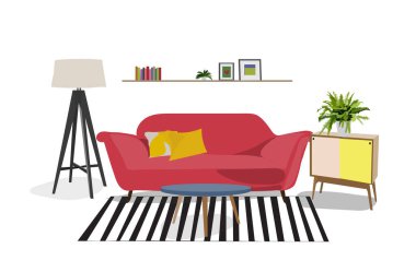 vektör iç tasarım çizimi. Ev dekorasyonu dekorasyonu. Mobilya oturma odası salonu. Koltuk koltuğu sehpası, lamba yastığı, bitki vazosu. Modern çağdaş tasarımcı stili. eğilim. 