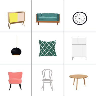 vektör iç tasarım çizimi. Modern trend tarzı. Tasarım trendleri. oturma odası mobilyası. 