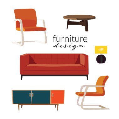 vektör orta yüzyıl modern illüstrasyon. Elementler toplandı. 1960 'ların evi. İç tasarım simgeleri. Danimarka stili. 