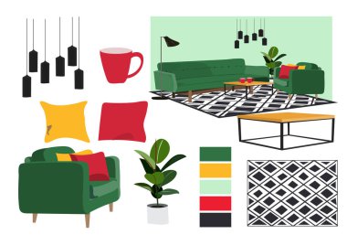 vektör iç tasarım çizimi. Mobilya koleksiyonu. İç tasarımın ruh hali kurulu. malzeme örnekleri. Ev dekoru. oturma odası tasarımı.