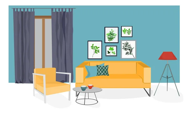 Vektor Innenarchitektur Illustration Wohnhaus Dekoration Möbel Wohnzimmer Lounge Sofa Sessel — Stockvektor