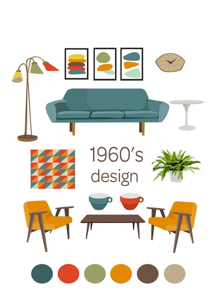 矢量在本世纪中叶的现代例证 元素集合 1960年代的房子 室内设计图标 华丽的风格 — 图库矢量图片