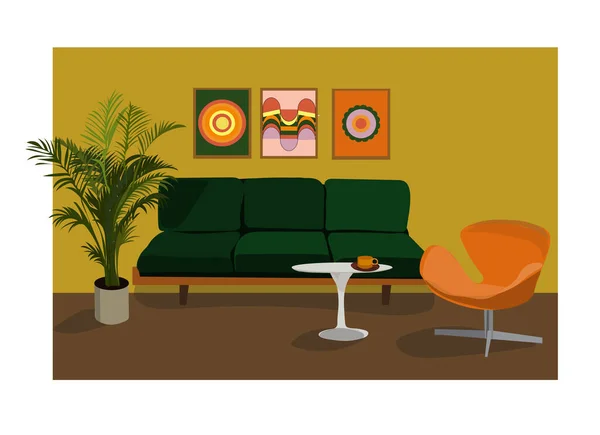 Vektor Innenarchitektur Illustration Wohnhaus Dekoration Möbel Wohnzimmer Lounge Sofa Sessel — Stockvektor