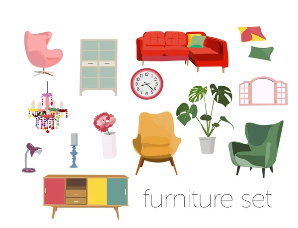 Colección Muebles Elementos Diseño Interiores Estilo Moderno Moda Ilustración Vectorial — Vector de stock