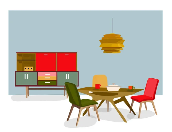 Cozinha Sala Jantar Ilustração Vetor Mobiliário Meados Século Moderno —  Vetores de Stock