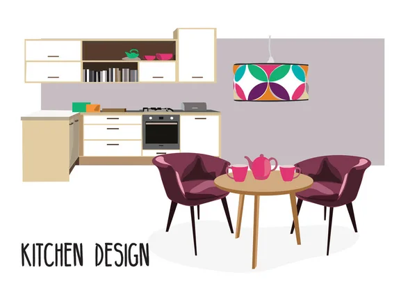Cozinha Sala Jantar Ilustração Vetor Mobiliário Meados Século Moderno —  Vetores de Stock