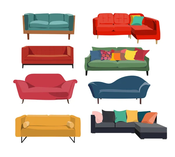 Soffa Inredning Collection Colorful Realistiska Ser Elements Danish Modern Retro — Stock vektor