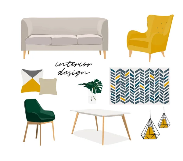 家具のコレクションです モダンなトレンディーなスタイルのインテリアデザイン要素 家の装飾要素のベクトル図 デンマークのスカンジナビア風インテリア — ストックベクタ