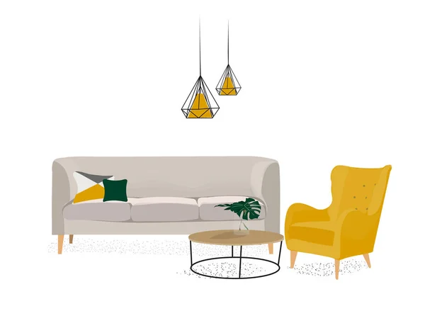 Vectorinterieur Illustratie Woonhuis Decoratie Meubelwoonkamer Lounge Sofa Fauteuil Tafel Koffie — Stockvector