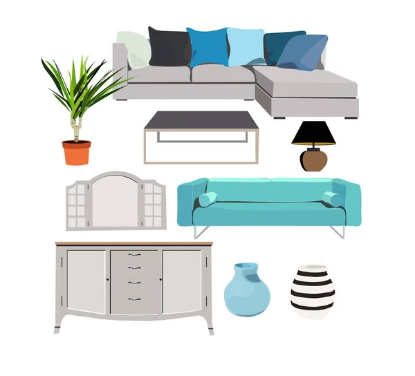 Colección Muebles Elementos Diseño Interiores Estilo Moderno Moda Ilustración Vectorial — Vector de stock