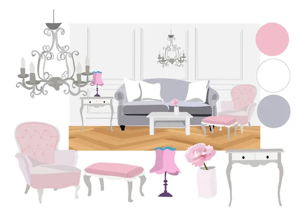 Pink Old Fashioned Romantic Living Room Interior — Stock Vector