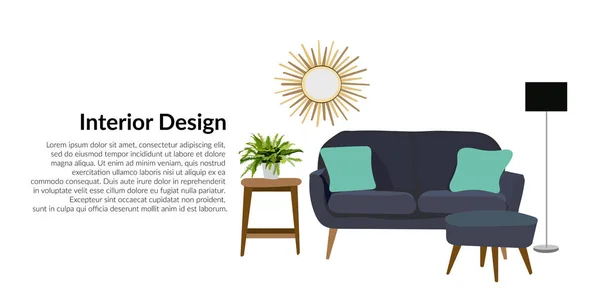 Sala Estar Web Site Banner Ilustração Vetor Móveis Design Interiores — Vetor de Stock