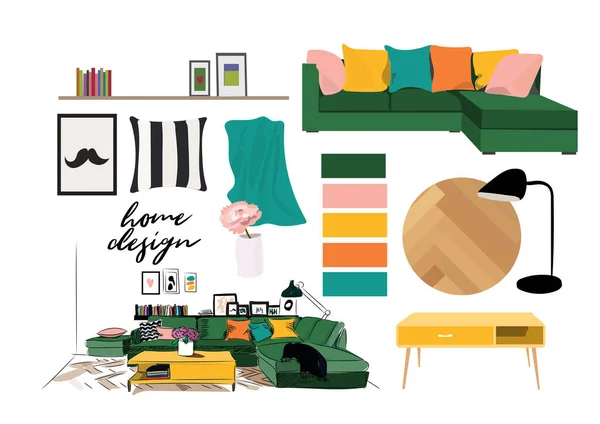 Vetor Design Interiores Ilustração Home Decoração Quadro Humor Coleção Elementos — Vetor de Stock