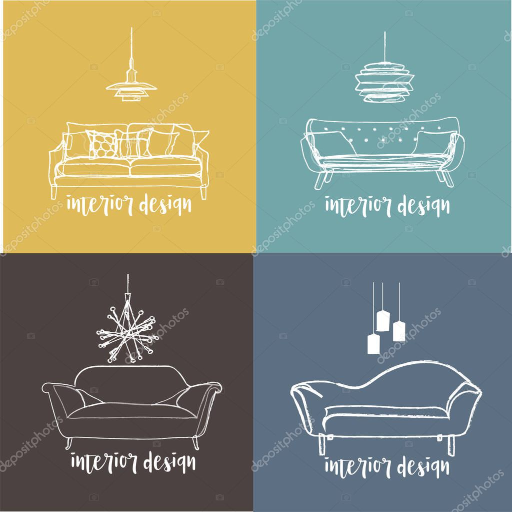 Vector interior design illustration. furniture logo. living room furniture. sofa lamp. mid century modern.