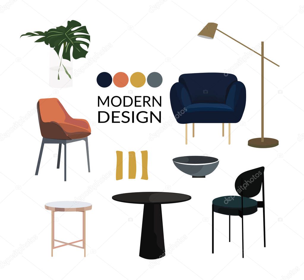 Collection of furniture. interior design elements in modern trendy style. vector illustration of home decor elements. danish scandinavian style interiors.