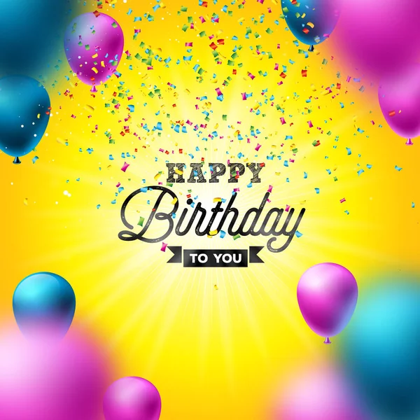 Happy Birthday Vektor Design mit Luftballon, Typografie und fallendem Konfetti auf leuchtend gelbem Hintergrund. Illustration für Geburtstagsfeier. Grußkarten oder Parteiplakate. — Stockvektor