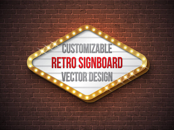 Vector retro signboard or lightbox illustration with customizable design on brick wall background. Light banner or vintage bright billboard for advertising or your project. Show, night events, cinema