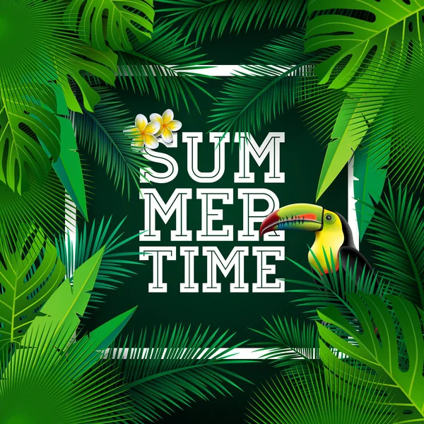 Vector Summer Time Ilustração tipográfica de férias com pássaro tucano e flor sobre fundo de plantas tropicais. Modelo de design com folha de palma verde para banner, folheto, convite, brochura, cartaz ou — Vetor de Stock