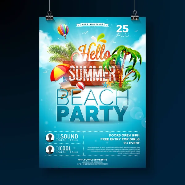 Vector Summer Beach Party Flyer Design com elementos tipográficos sobre fundo de textura de madeira. Natureza de verão elementos florais, plantas tropicais, flor, bola de praia e protetor solar com céu azul nublado — Vetor de Stock