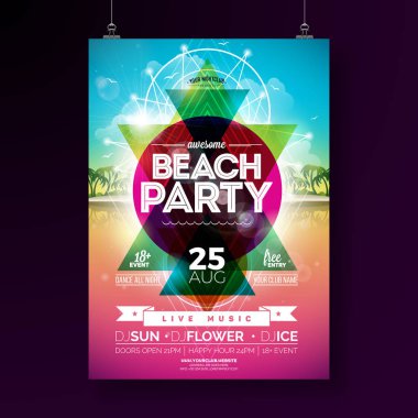 Vector Summer Beach Party Flyer Design tipografik elementlerle ve tropik kara sapı arka planında soyut renk geometrik şekliyle. Pankart, el ilanı, davet, poster için tasarım şablonu.