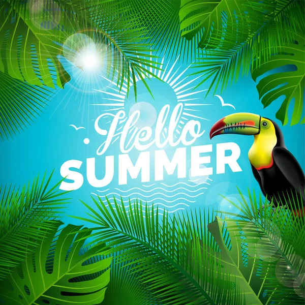 Vector Hello Summer Holiday illustrazione tipografica con uccello tucano e piante tropicali su sfondo blu. Modello di design con foglia di palma verde per banner, volantino, invito, brochure, poster o — Vettoriale Stock