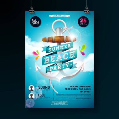 Vektör yaz plaj partisi el ilanı tasarımı çapa ve şerit mavi bulutlu gökyüzü arka plan üzerinde. Afiş, broşür, davetiye, poster için tasarım şablonu.