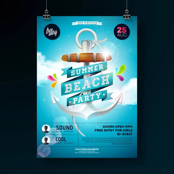 Vector Summer Beach Party Flyer Design met anker en lint op blauwe bewolkte hemelachtergrond. Ontwerpsjabloon voor spandoek, poster, flyer, uitnodiging. — Stockvector