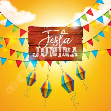 Parti Bayrakları ve Sarı Fenerli Festa Junina Illustration. Vektör Brezilya Haziran Festivali Kutlama Kartı, Davetiye veya Tatil Posteri Tasarımı.
