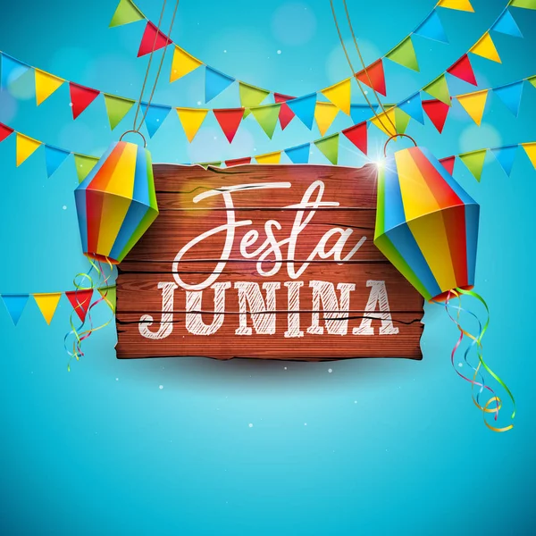 Ilustración de Festa Junina con banderas de fiesta y linterna de papel sobre fondo azul. Vector Brasil Festival de junio Diseño para tarjeta de felicitación, invitación o cartel de vacaciones. — Archivo Imágenes Vectoriales