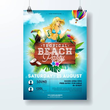 Sexy genç kız ve tipografik öğeleri ahşap doku arka plan üzerinde vektör yaz plaj partisi el ilanı tasarımı. Yaz doğa çiçek öğeleri, tropikal bitki, çiçek, Tukan kuş ve hava balon