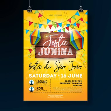 Festa Junina parti el ilanı illüstrasyon vintage ahşap tahta üzerinde tipografi tasarımı ile. Bayraklar ve sarı zemin üzerine kağıt fener. Vektör Brezilya June Festivali tasarım daveti veya tatil için